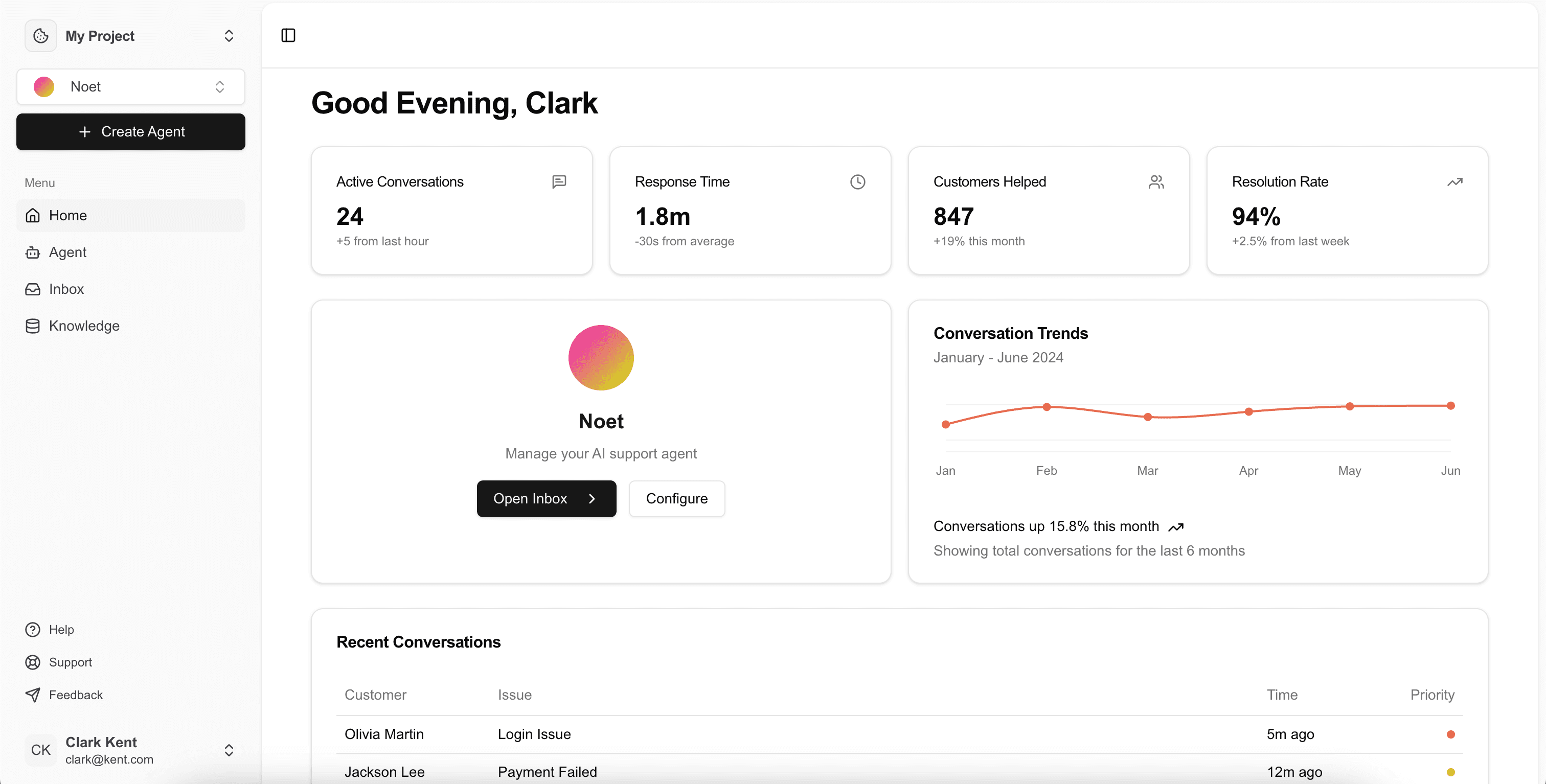 Product demo screenshot showing the AI customer support interface for Noet